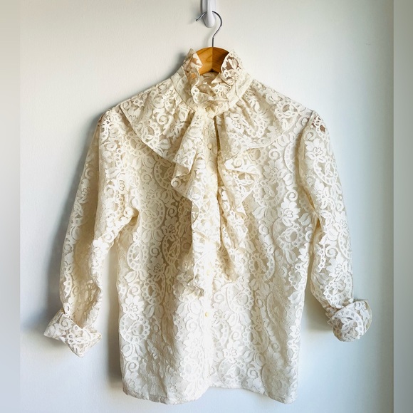 70s Vintage 🩷 Victorian Style Cream Ruffled Lace High Collar Blouse 1970s VTG - Picture 3 of 6